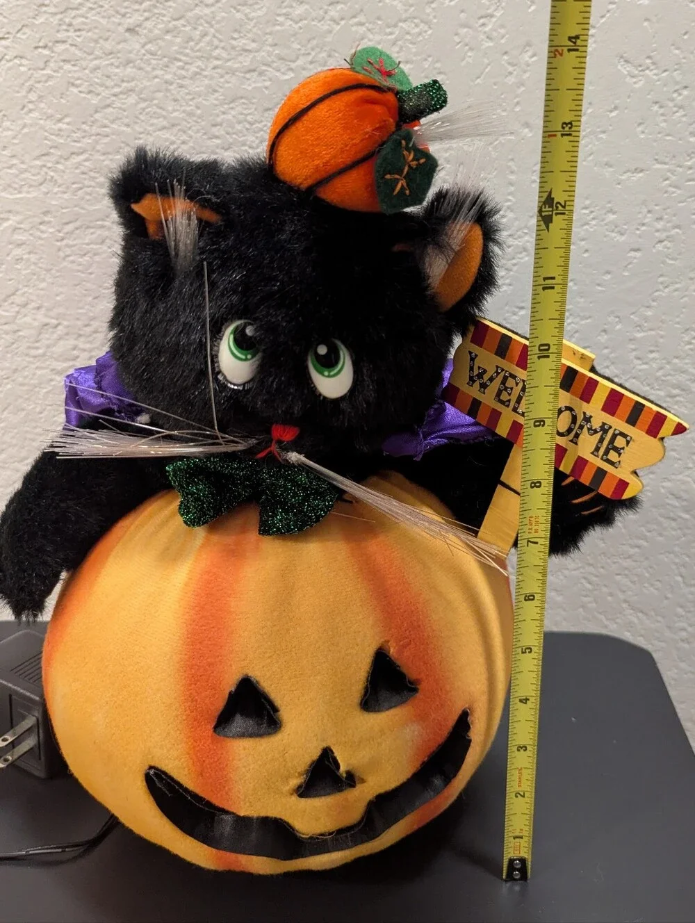 Vintage Halloween Fiber Optic Black Cat In Pumpkin Hat Cape in Pumpkin 12